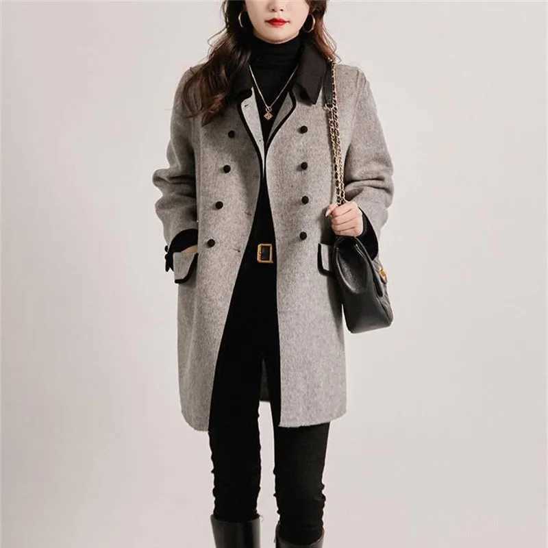 New High Quality Woolen Coat Female Autumn Winter Fashion Korean Slim Casual Versatile Style Contrast Color Wool Overcoat WomenX241009