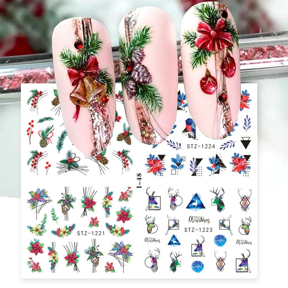 4-in-1 Holly Geometric Waternail Stickers Snowflake Santa Claus Christmas DIY Year Decoration Tips JII-48 241008