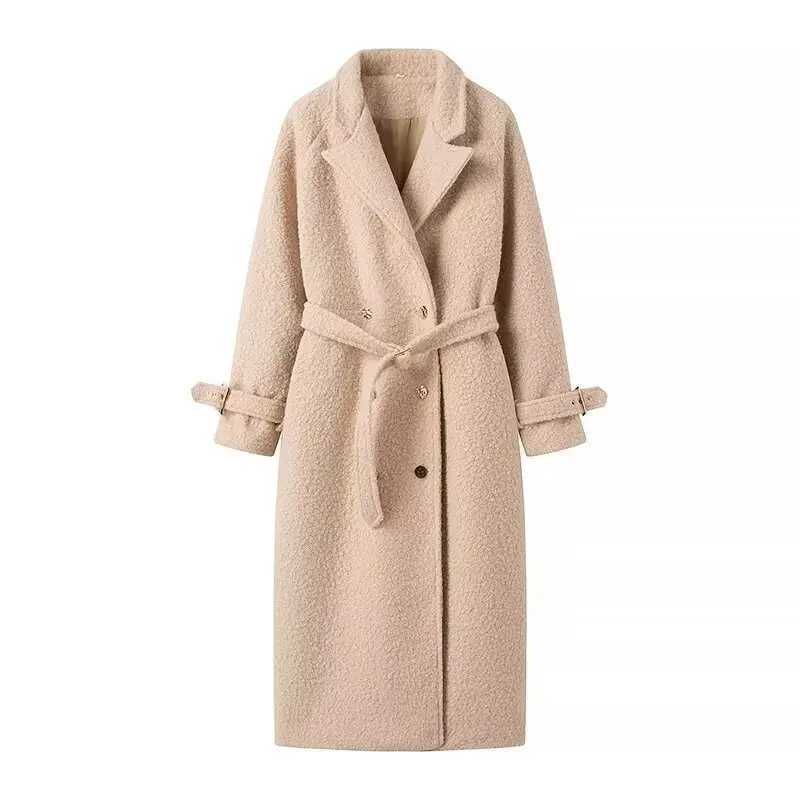 Womens Mid to Long Length Coat with Looped Woolen Coat with Pocket Decoration and Belt Simple and Versatile Style NewX241009