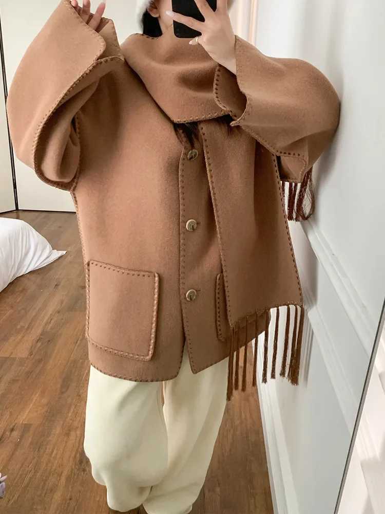 Women Fashion Scarf Collar Coat Camel or Grey or Black New Fall Doublesided Woolen Single Breasted Loose Embroidery Jacket