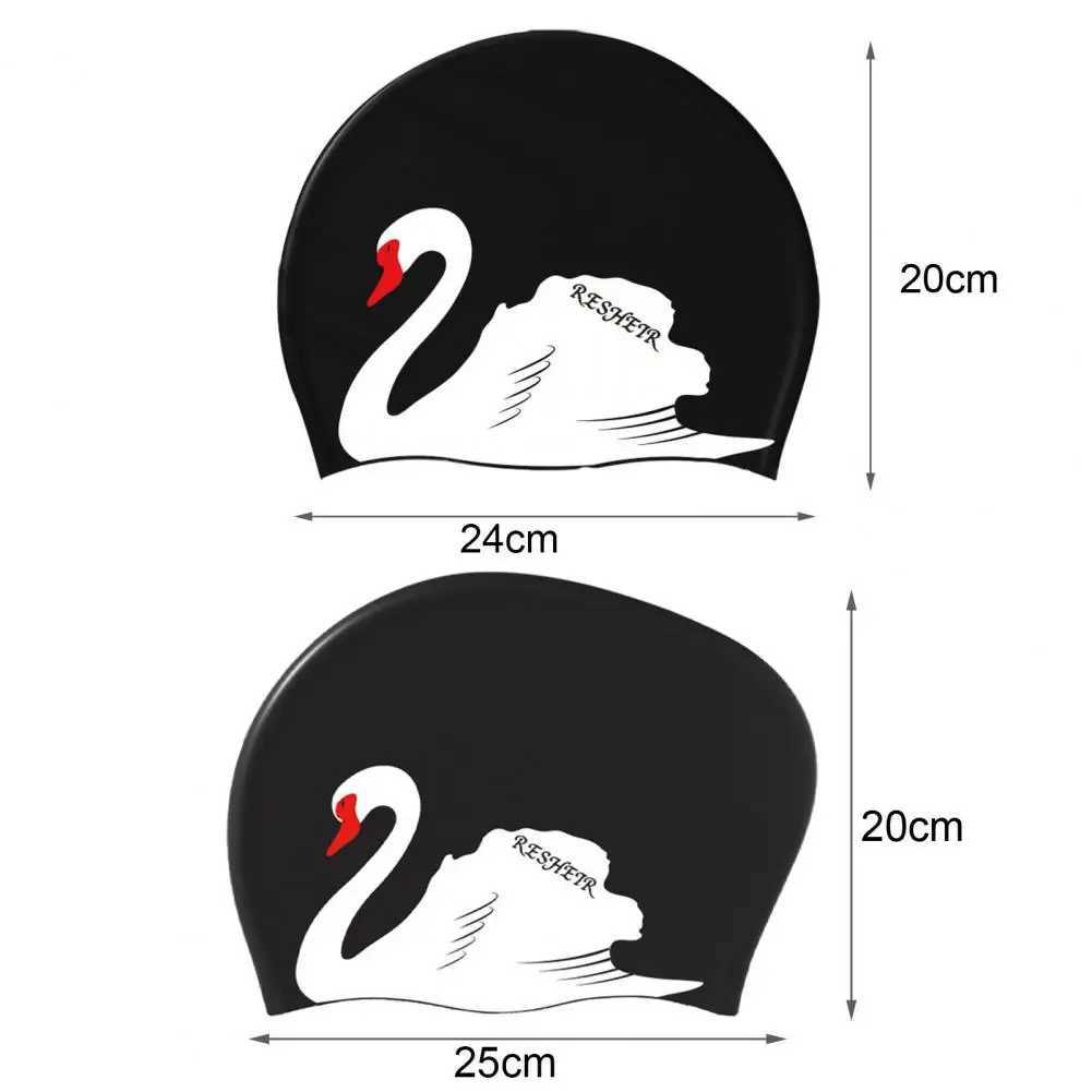 Womens swimming cap swan print elastic anti slip ear cap silicone long short hair adult bath pool swimming cap CL241009