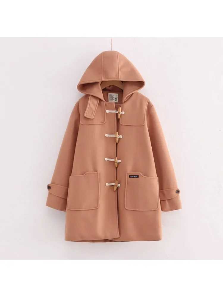 2025 Womens Tweed Coat Winter Korean Fashion Mid-length Coats Vintage Horn Button Hooded Loose Solid Jackets Casual Female TopX241009
