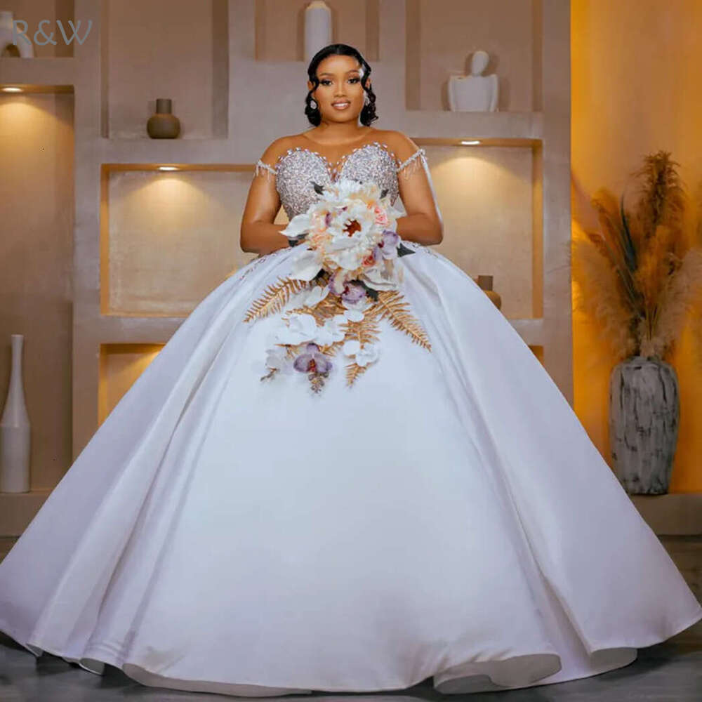 R&W 2024 Plus Size Dress Bride With Detachable Train Mermaid Ball Gown Wedding Dresse Bridal Gowns Sheer Neck Short Sleeves Beaded Marriage For Women 