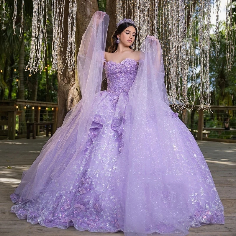 Lavender Sweetheart Ball Gown Quinceanera Dresses Beaded Appliques Birthday Party Gowns 3D Flowers Ruffles Sweet 16 Vestidos De 15 Anos