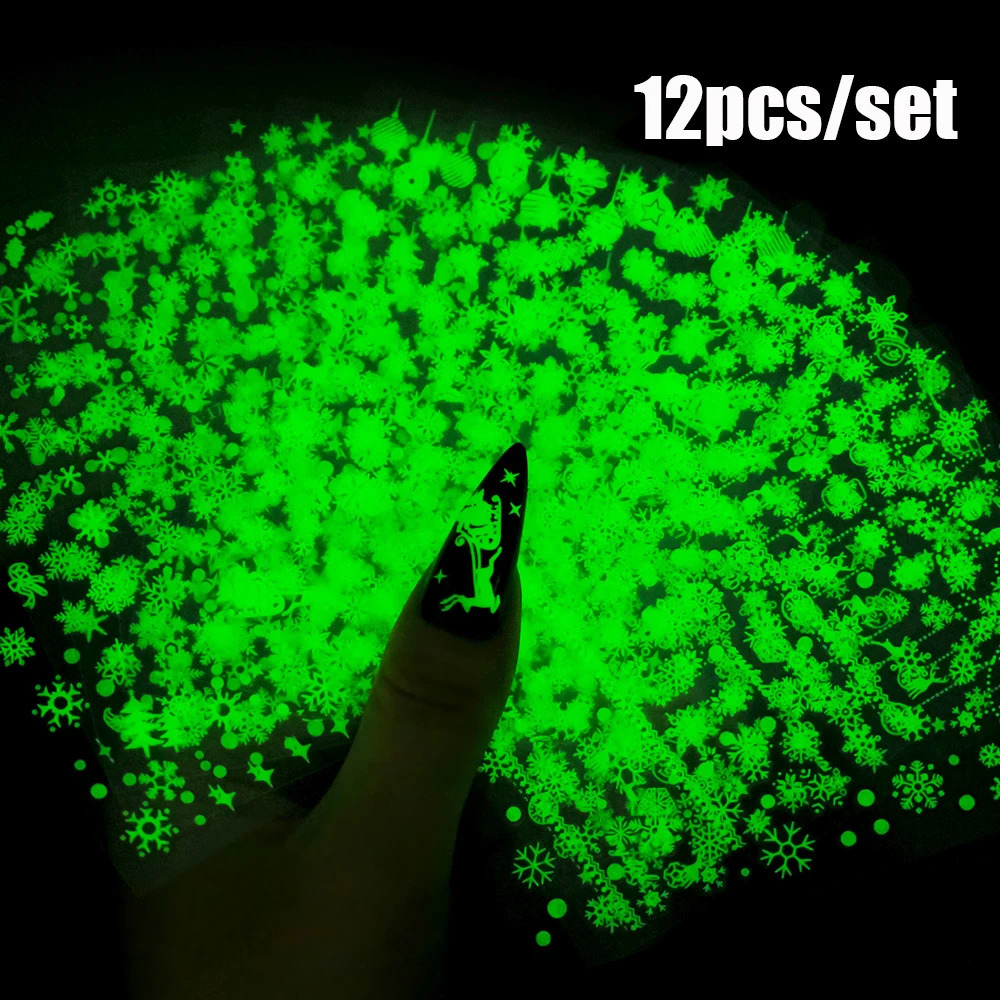 12 pieces/set of luminous Christmas series nail stickers 3D white snowflake nail stickers self-adhesive luminous in dark snowflake slider * 241008