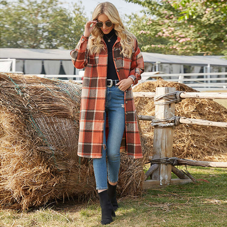 Autumn/Winter Temperament Commuter Windbreaker Side Split Flap Collar Loose Womens Woolen Plaid Shirt Coat
