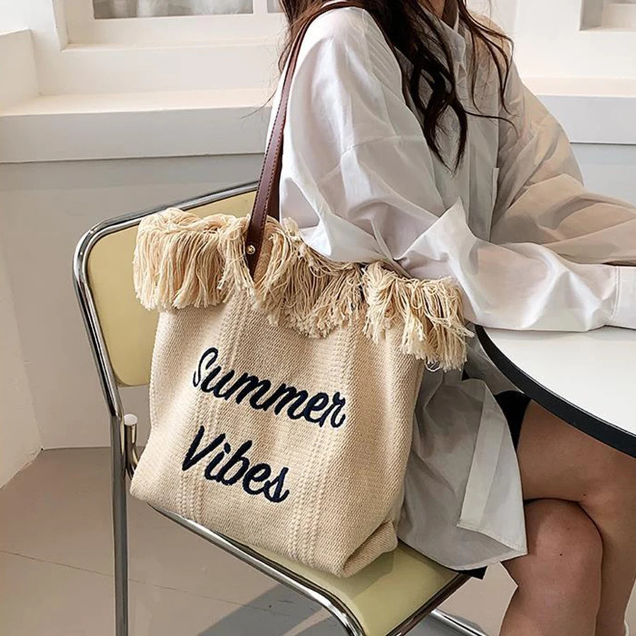 Fashionable large capacity letter embroidered edge canvas handbag portable commuting and shopping shoulder bag 241008