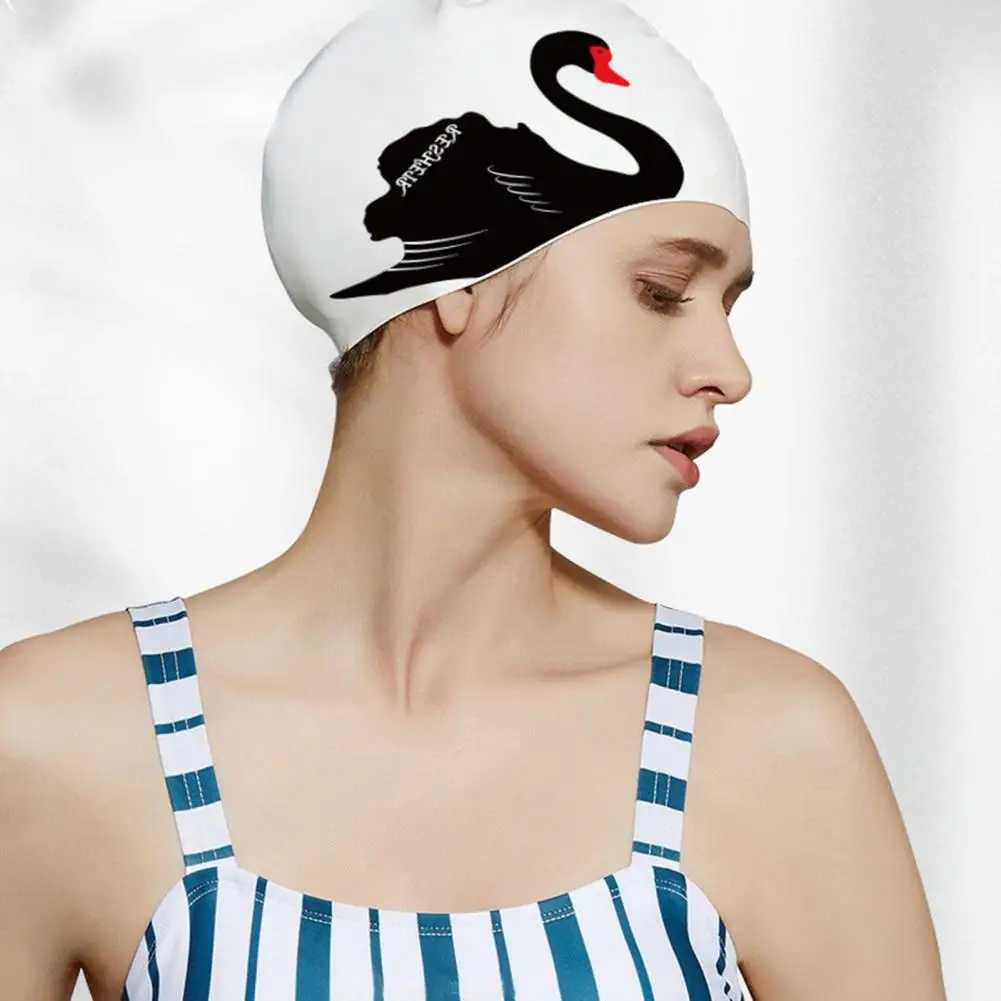 Womens swimming cap swan print elastic anti slip ear cap silicone long short hair adult bath pool swimming cap CL241009