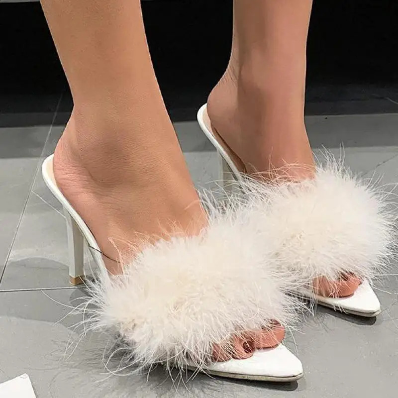 Women Slippers High Heels Fur Stiletto Peep Toe Mules Ladies Indoor Rubber Zapatillas Mujer Pointed Red Summer Sexy Shoes 241010