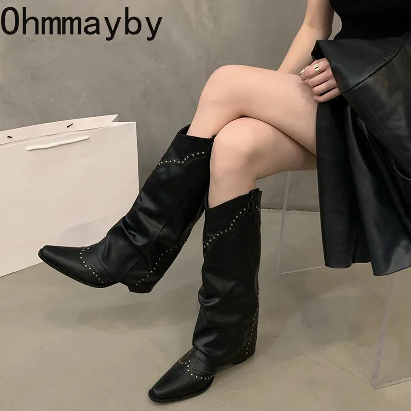 Autumn and Winter Womens Knee High Boots Retro Style Western Knight Boots Pointed Toe Square High Heels Womens Shoes 241007