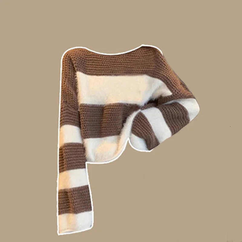 Womens Winter Set Loose Striped Tea Knitted Sweater High Waist Jeans Two Piece Clothing Pants 241008