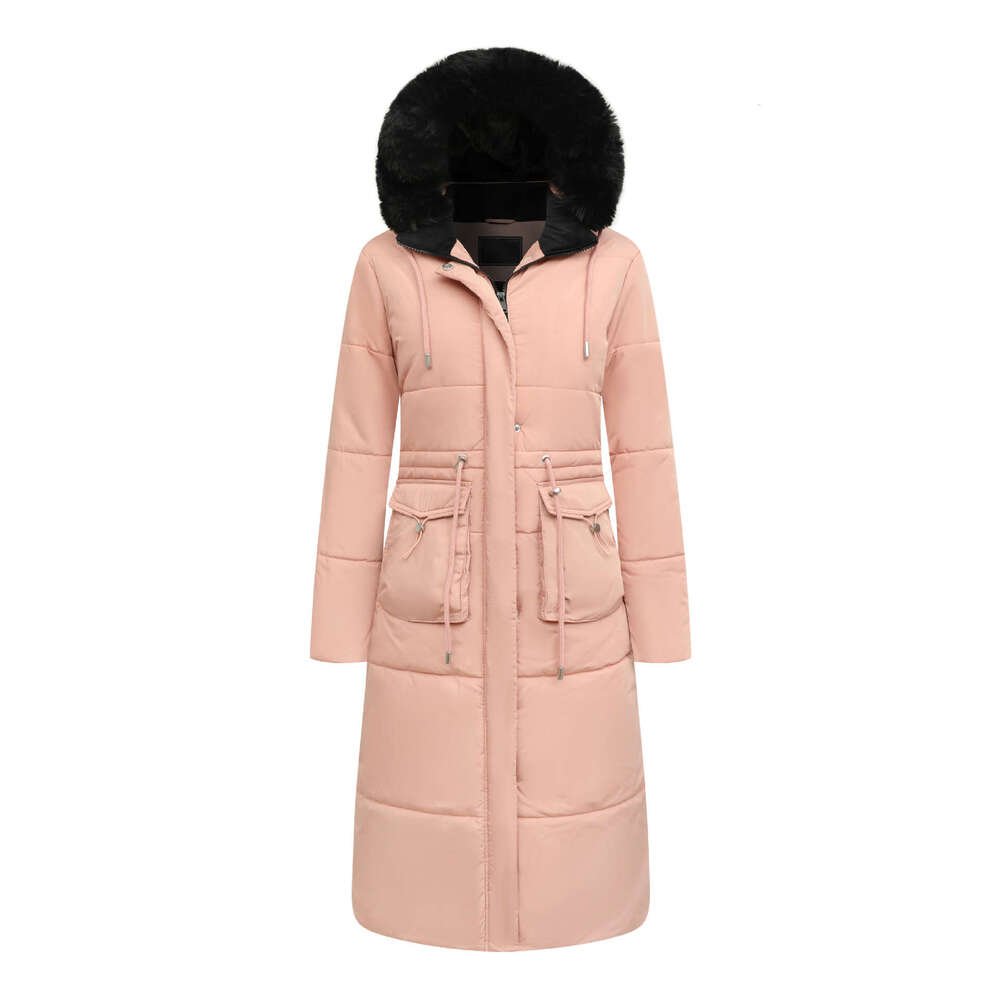 2024 new long cotton jacket for women drawstring waistband hood with plush insulation and windproof design tailored to the US market
