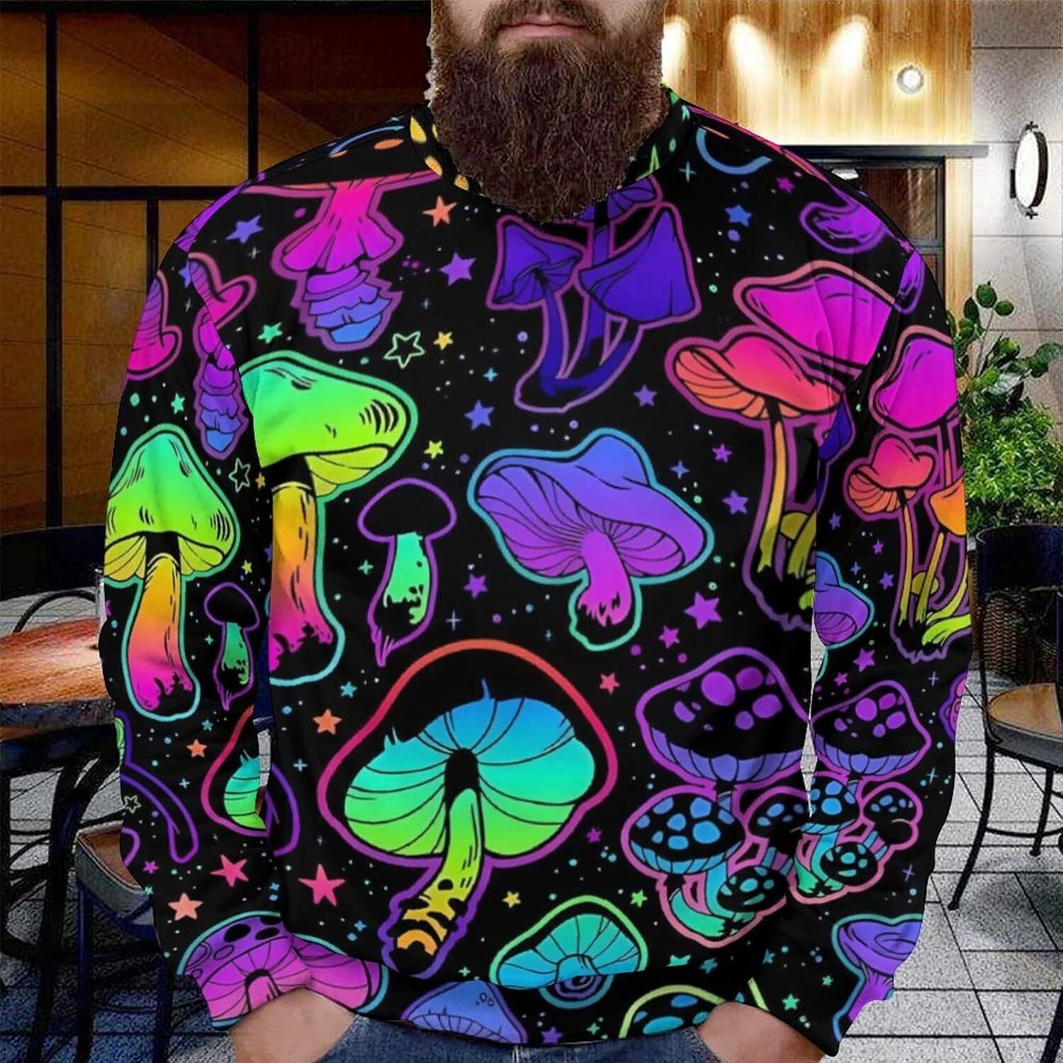 Long Sleeve Shirts for Men sweatshirt Mens Womens Neon Mushroom Graphic Print Raglan Crewneck Sweatshirt Casual Pullover Tops T shirt Tee Streetwear C
