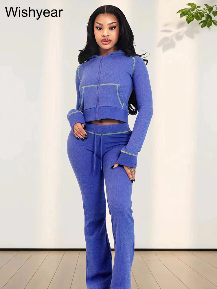 Casual solid purple twopiece set womens long sleeved zipper hooded jacket top and pants matching autumn street track field uniform 241008