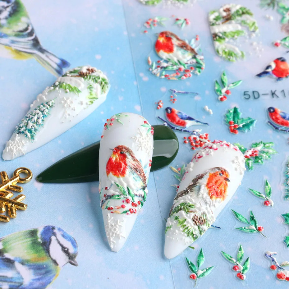 5D embossed Christmas cartoon nail stickers bird snowflakes Santa Claus gingerbread winter slider Year decoration SADK098-103 241008