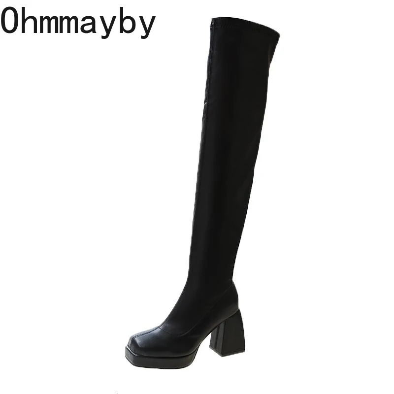 Autumn and winter street style elastic knee high boots for women fashionable round toe square platform high-heeled boots 241007