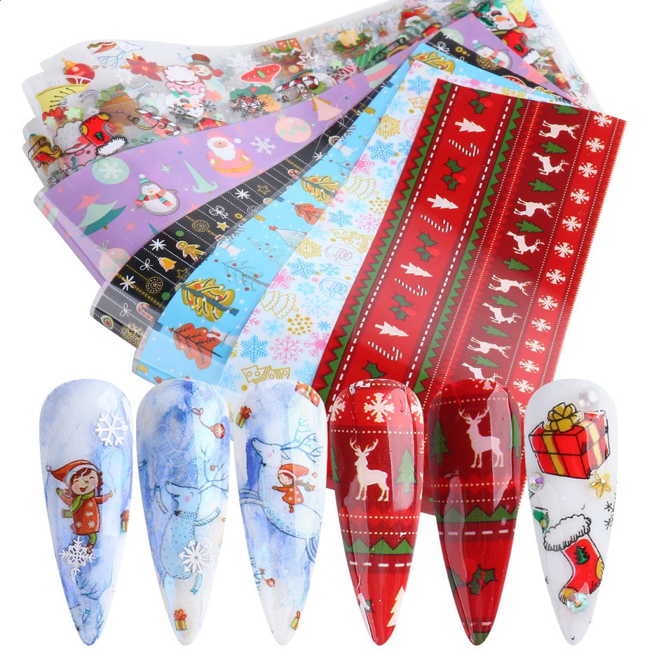 10 pieces/set of Christmas nail art transfer foil stickers winter snowflakes Santa Claus slider paper Year decoration packaging GL2219 241008