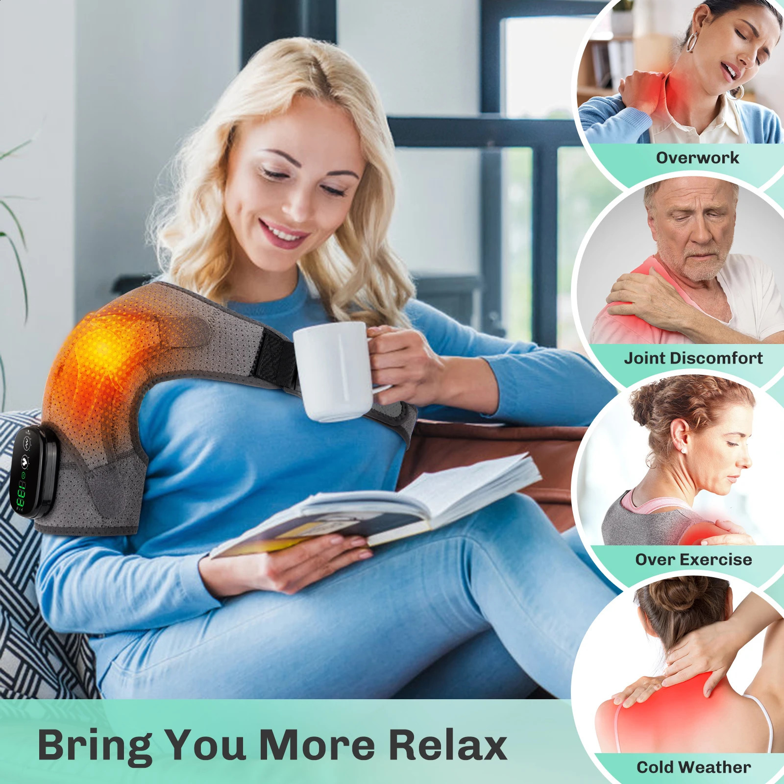 Shoulder massager with heating and compression suitable for men women electric cordless vibration massager USB heater back stand 241008