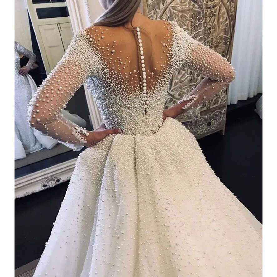 2022 Pearls HOT Mor Mermaid Dresses Sheer Crew Neck Long Sleeves See Through Wedding Gowns With Removable Train Bridal Dress