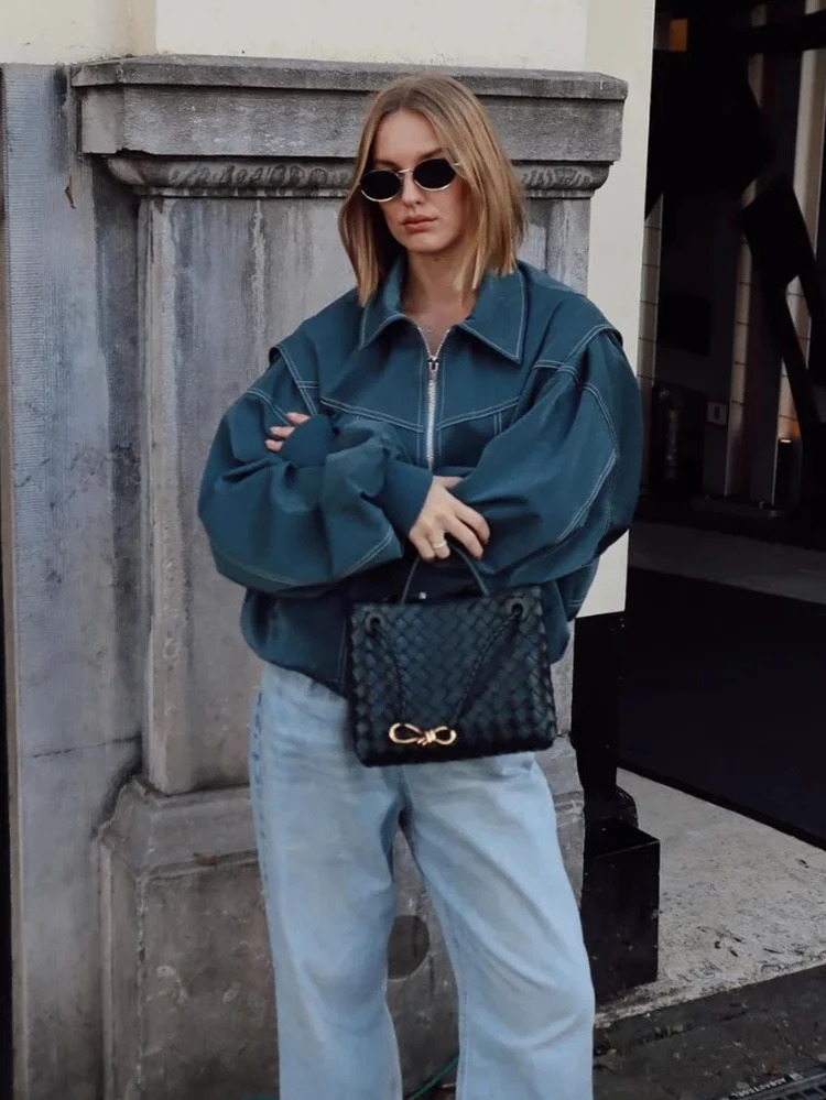 Retro PU leather loose jacket womens winter wine red zipper long sleeved lapel baseball bomber jacket fashionable womens clothing 240930