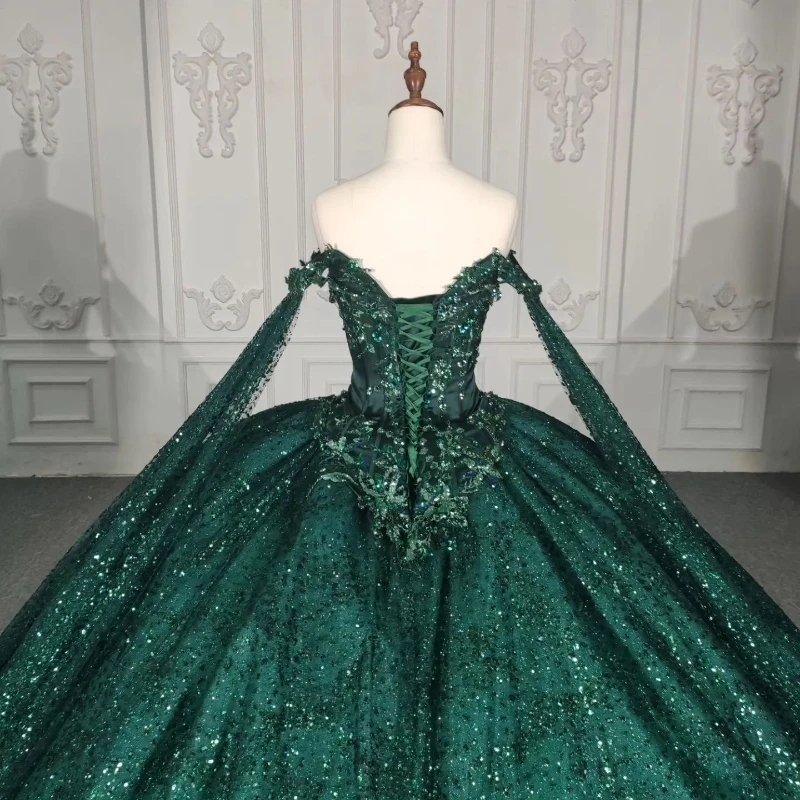 Blackish Green Shiny Off The Shoulder Ball Gown Quinceanera Dresses Beads Ceystal Birthday Party Gowns Beaded Vestido De 15 Anos Sweet 16 Dress