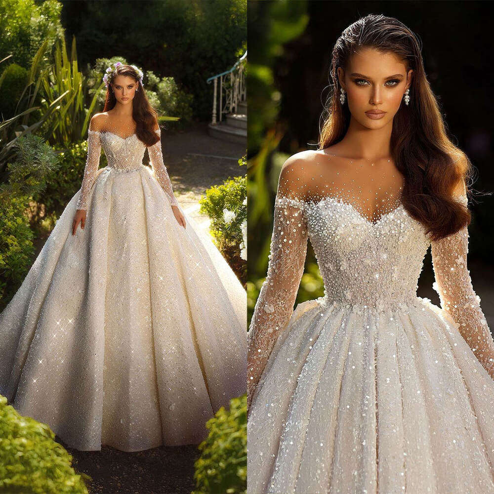 Wedding Exquisite Dress Ball Gown Strapless Appliques Sequins Pearls Long Sleeve Or Length Bride Vestido De Noiva Custom Made