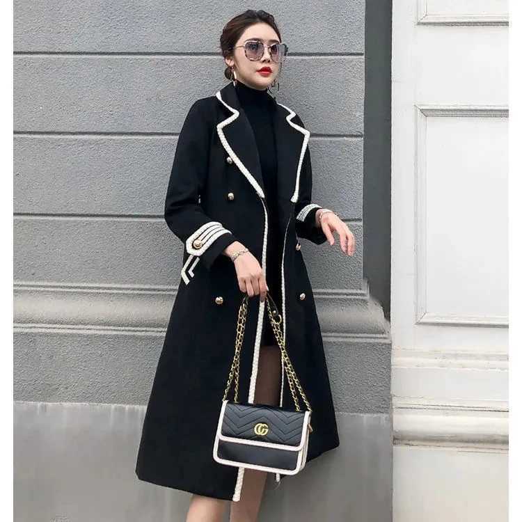 White Woolen Coat Women Mid-length Autumn/Winter Jacket Coat British Hepburn Thicken Slim Black Double-breasted Coat Trench CoatX241009