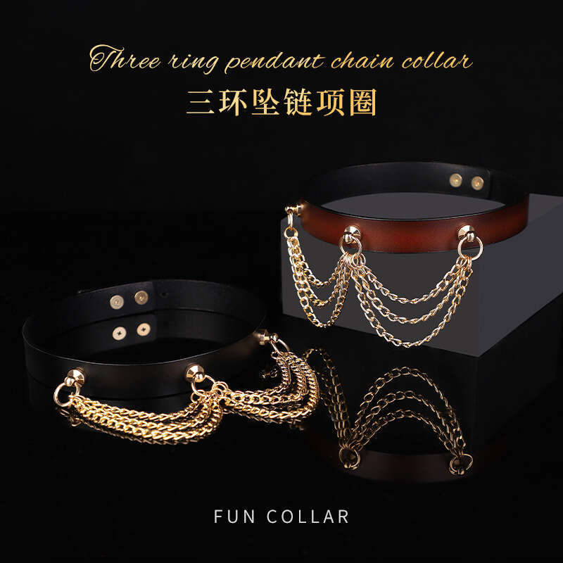 High end SM prop, gold chain, genuine leather collar, SM tuning, choker, female slave, traction neck cover, adult product