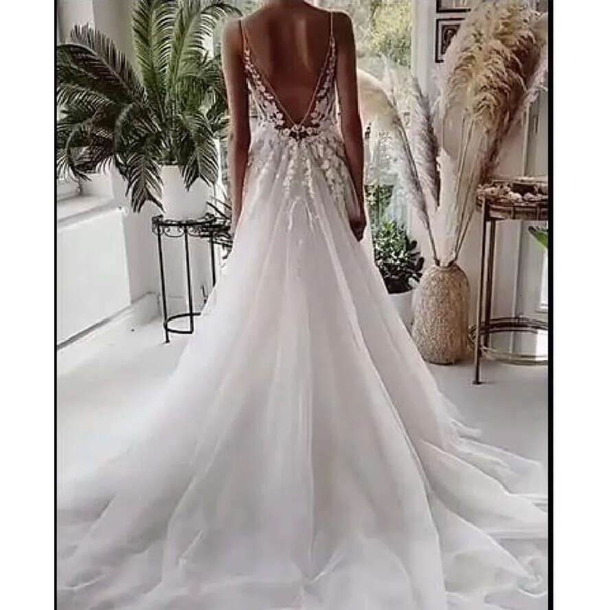 Wedding 2022 Backless Boho Dress Lace Appliqued Summer Beach Robe Bridal Gowns Spaghetti Straps Tulle Loves Outdoor Lady Marriage Dresses 5J1 es