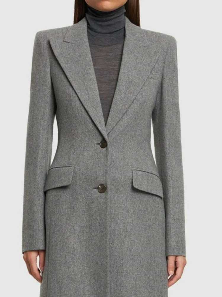 LGRQ Womens Long Woolen Coat Notched Collar Single Breasted A-line Cinched Waist Elegant Overcoat Autumn 2024 New Tide ClothingX241009