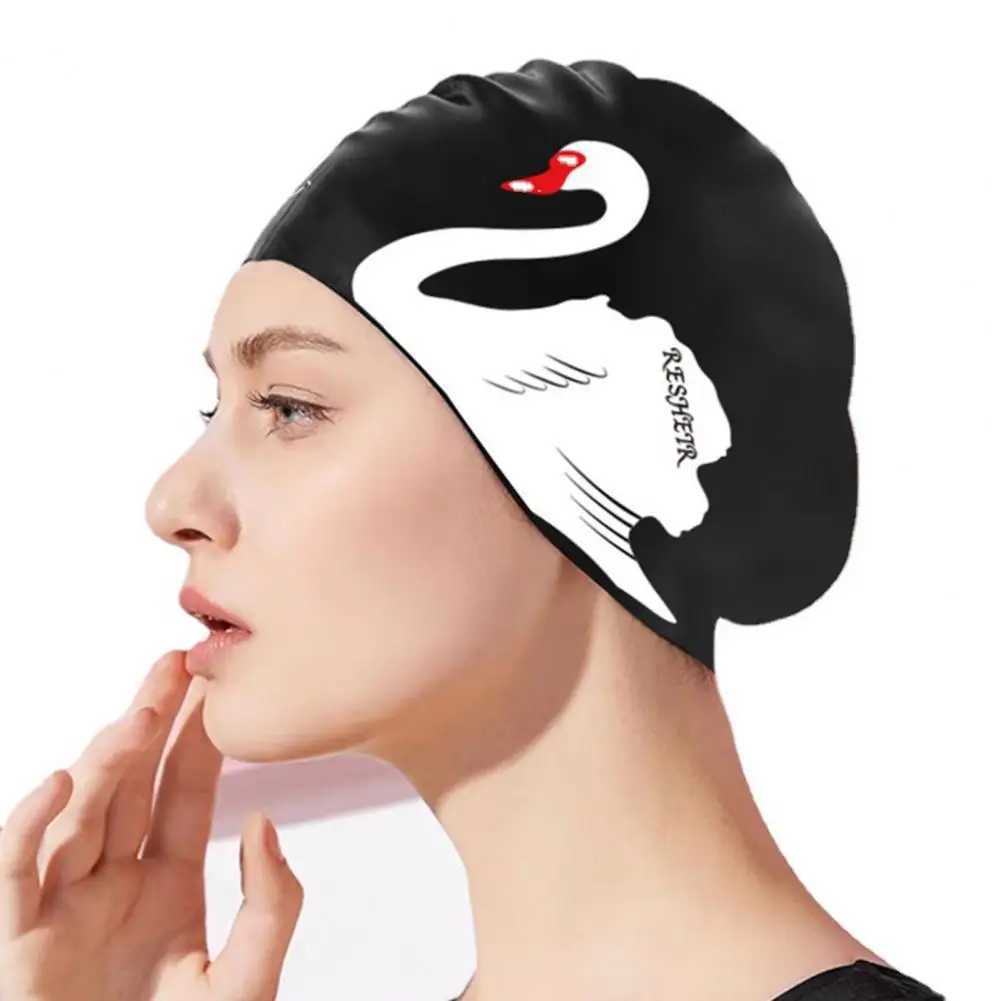 Womens swimming cap swan print elastic anti slip ear cap silicone long short hair adult bath pool swimming cap CL241009
