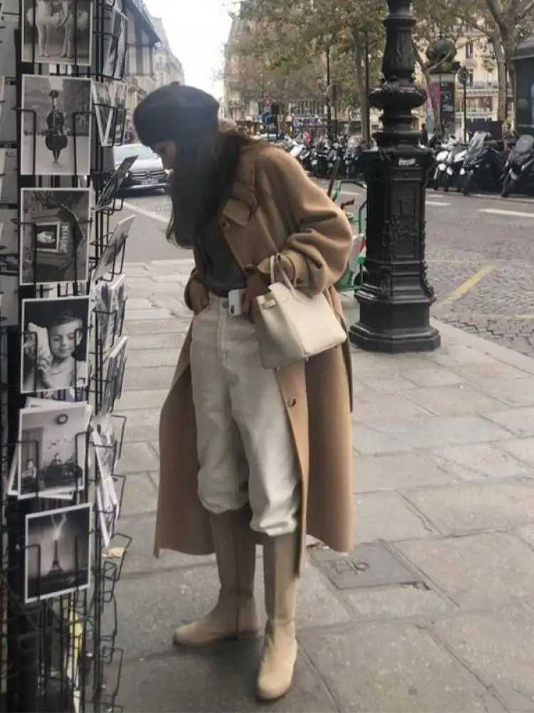 Korean Style Office Lady Woolen Jackets 2024 Autumn And Winter Lapel Single Breasted Loose Lace Up Long Womens Wool CoatsX241009