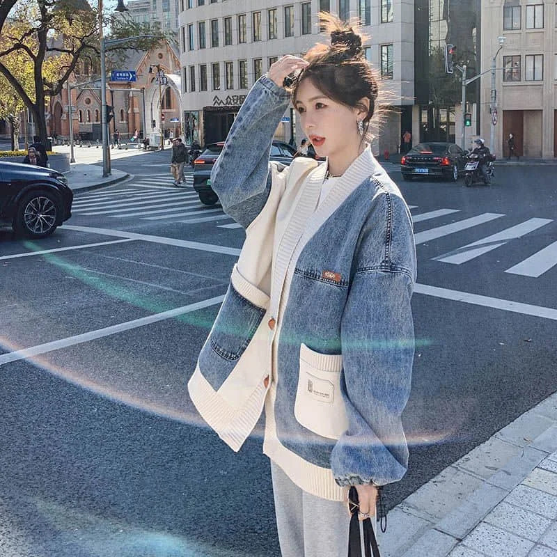 Womens loose denim knitted patch work V-neck oversized baseball cardigan long sleeved jacket womens top 240930