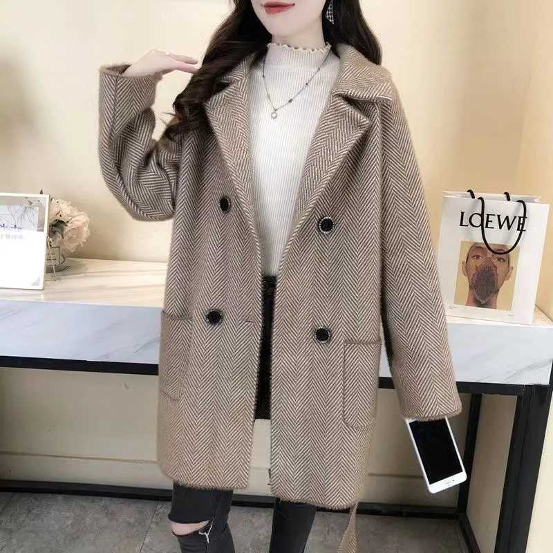 Autumn Winter New Thicken Imitation Mink Velvet Woolen Jacket 2024 Women Fashion Hepburn Style Wool Blend Coat Elegant OutwearX241009