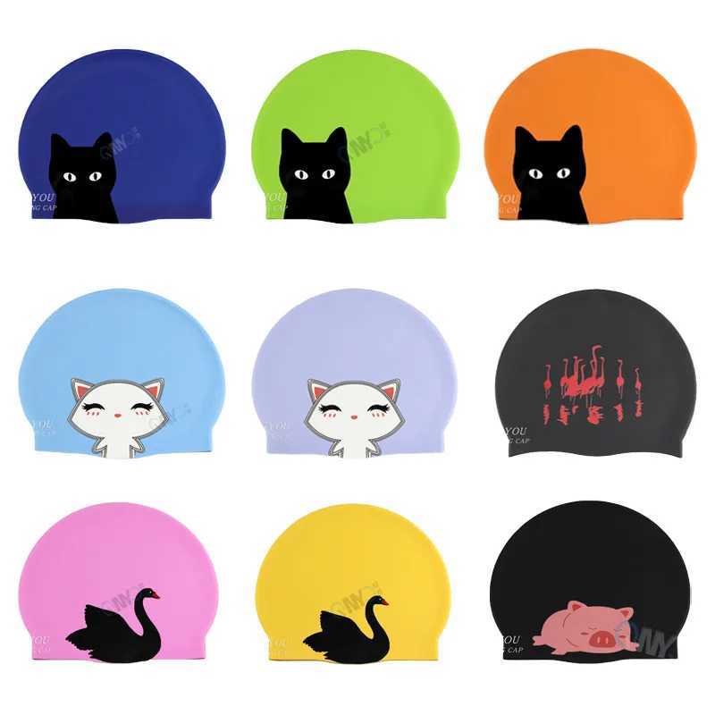 Soft silicone swimming cap cartoon cat pig Skark animal swimming accessories swimming pool equipment high Elestic youth universal CL241009