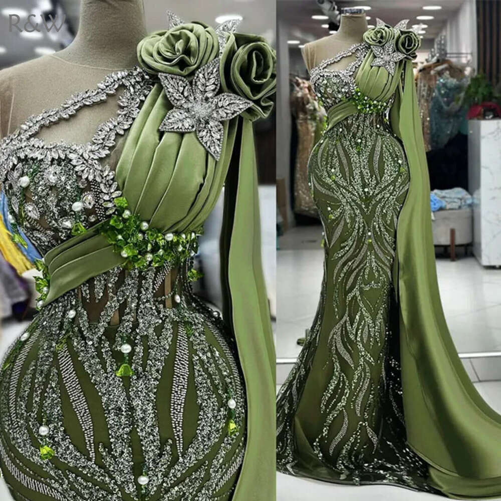 R&W 2024 Plus Size Green Prom Mermaid Promdress Evening Formal One Shoulder ra Beaded Lace Birthday Dress Second Reception Gowns Vestido De Sorrie AM1