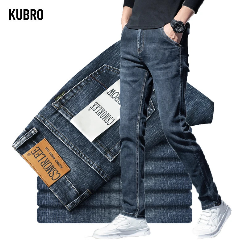KUBRO classic casual jeans mens highquality retro slim fit elastic cotton Trouser embroidered 240929