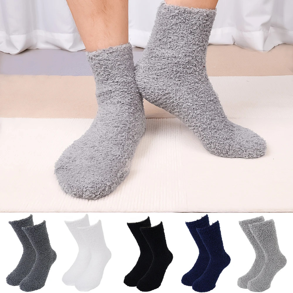 Winter Warm Thick Socks Fashion Coral Fleece Fluffy Solid Color Loose Sleep Mens Short Bed Shorts High Quality Calcium 241009