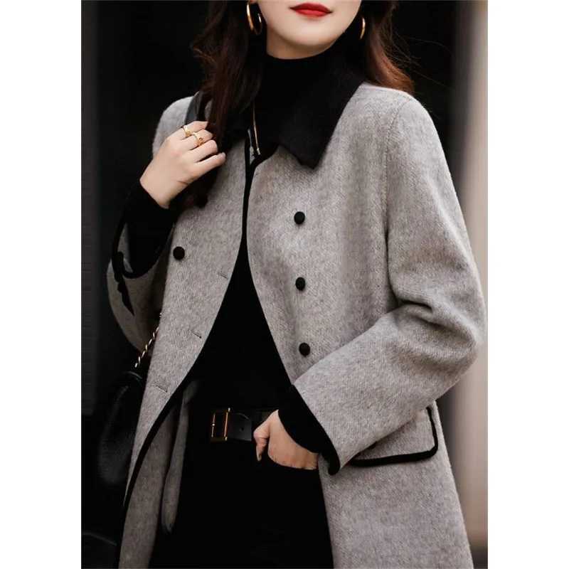 New High Quality Woolen Coat Female Autumn Winter Fashion Korean Slim Casual Versatile Style Contrast Color Wool Overcoat WomenX241009