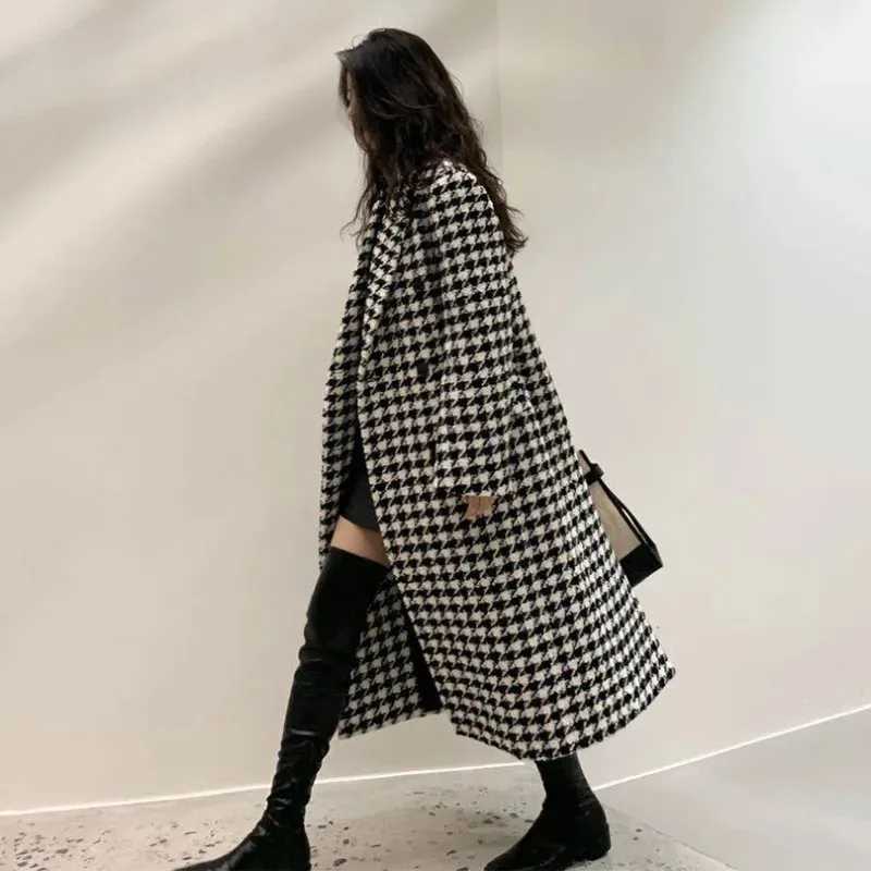 Fashion Houndstooth Faux Wool Jacket Women Autumn Korean Elegant Single Breasted Long Overcoat Winter Thick Warm Blend OutwearX241009