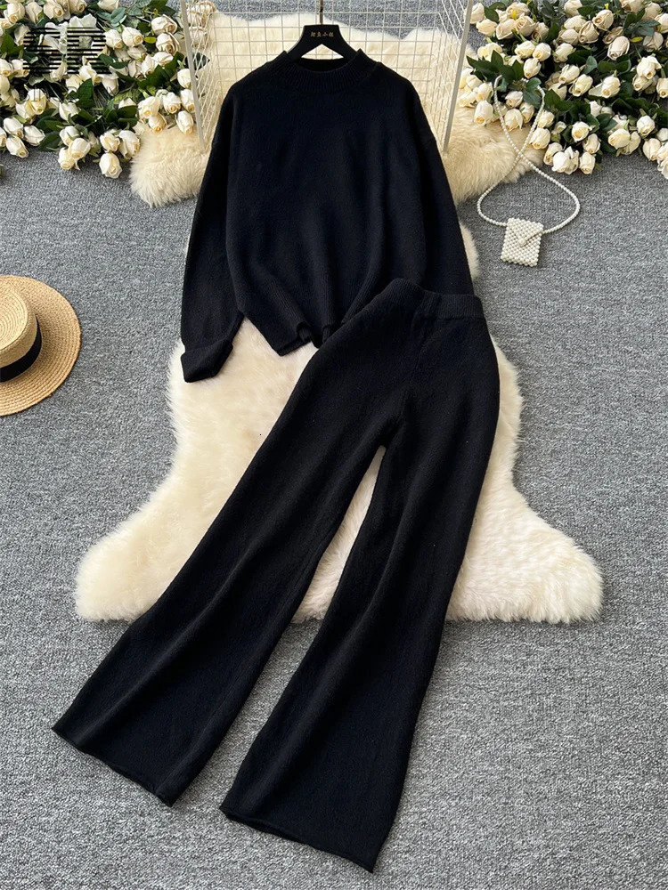 SINGREENY Fashion Split Cashmere 2piece Womens Oneck ZipperWide Leg Pants Autumn Thick Casual Knitted Set 241009