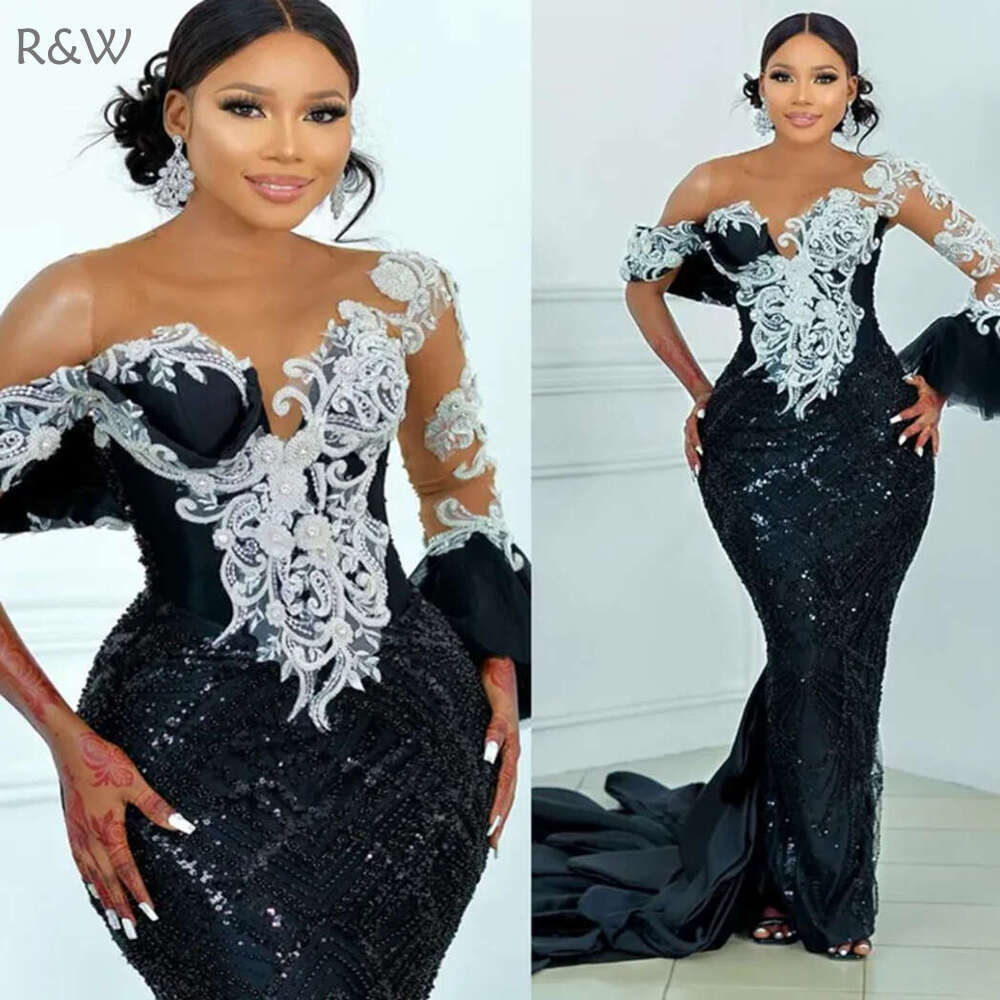 R&W 2024 Plus Size Black Prom Evening Dresses Formal For Women Mermaid Sheer Neck Appliqued Beaded Lace Birthday Dress Second Reception Gowns AM1410