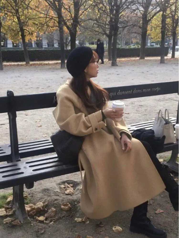 Korean Style Office Lady Woolen Jackets 2024 Autumn And Winter Lapel Single Breasted Loose Lace Up Long Womens Wool CoatsX241009