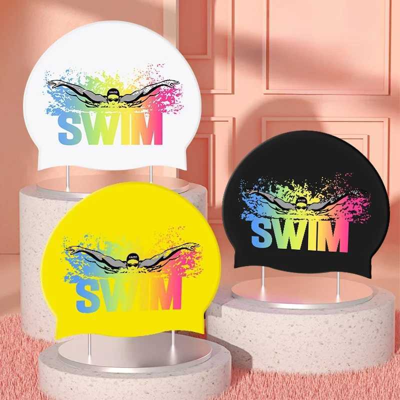 Womens silicone swimming cap large size long hair ear protection swimming cap printing adult swimming cap pool accessories CL241009