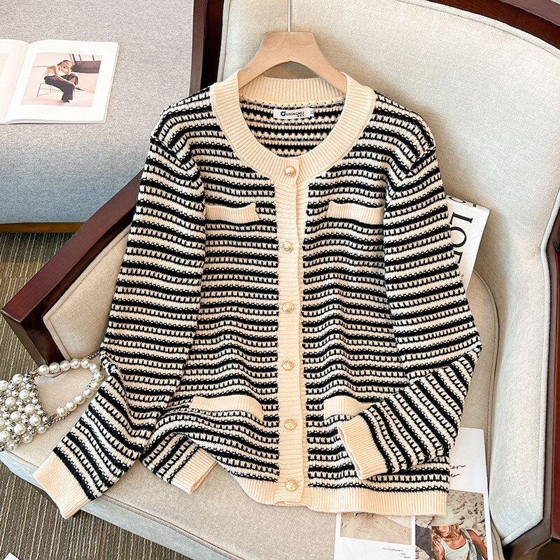 150Kg Plus Size Women's Bust 150 Autumn Winter Loose Striped Cardigan V-Neck Small Fragrant Knit Sweater 5Xl 6Xl 7Xl 8Xl 9Xl