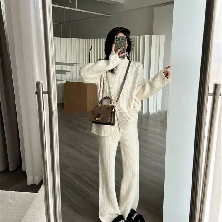 Womens semi high neck y knitted suit autumn and winter elegant fashionable casual sweater wide leg pants twopiece set 241008