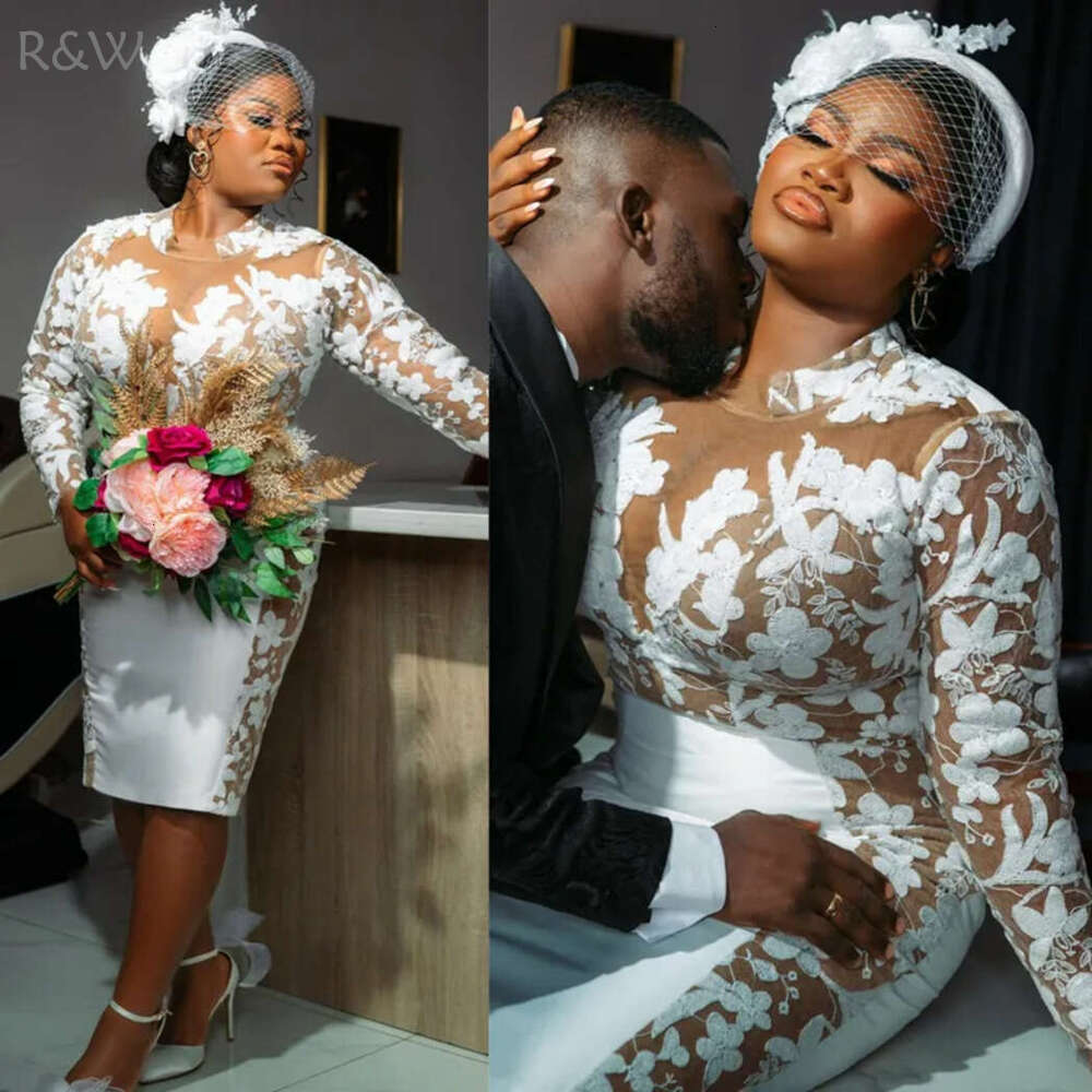 R&W Plus Size Illusion Trumpet Wedding Bride Tea Length Mermaid Long Sleeves Elegant Bridal Dress African Arabic Tulle Short Gown for Marriage Black W