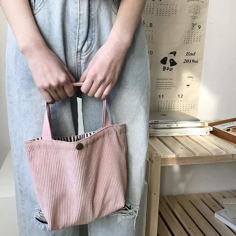 Small Corduroy Lunch Bag for Women Canvas Portable Tote Bags Travel Handbags 240925