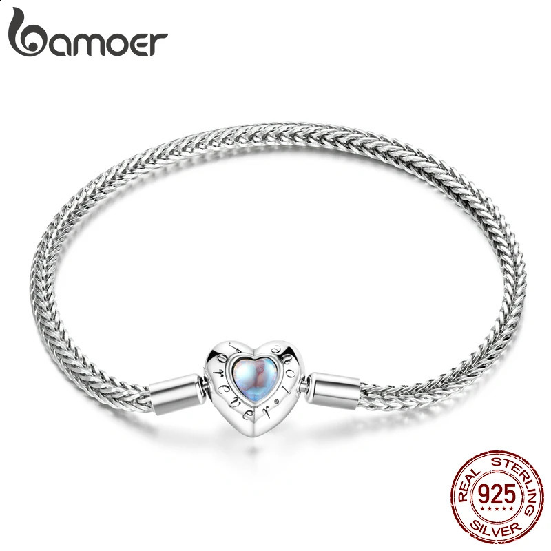 Heart Charm and Bead Bracelet 925 Pure Silver Snake Chain Basic Bracelet Womens Moonstone Jewelry 17CM 19CM 240925