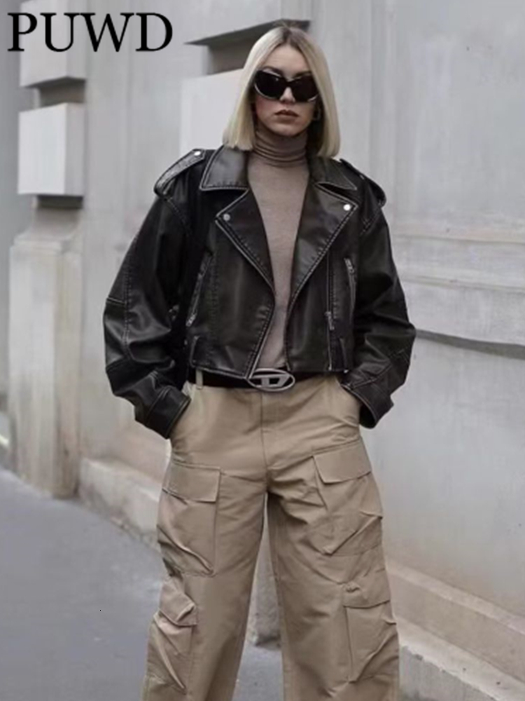 ZACK RAIN Women With Belt Washed Gradient Leather Jackets 2023 Fall/Winter Ladies Coat Vintage Solid Color Loose Female Outwear